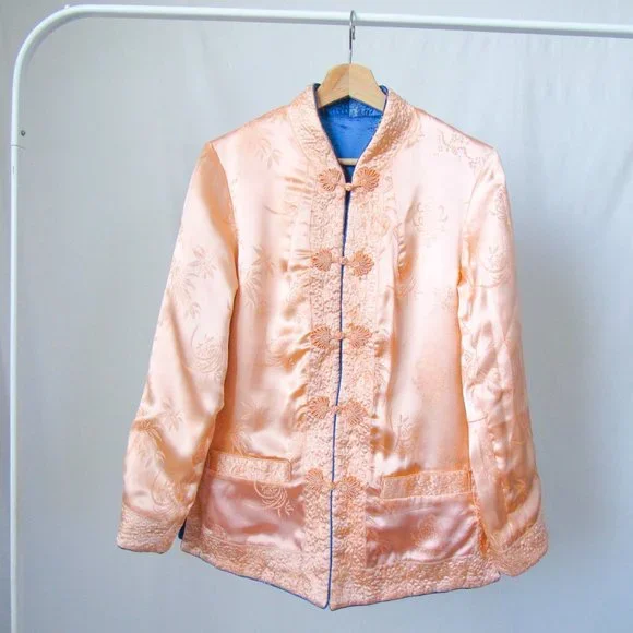 Stunning Vintage Satin Silk Jacket Reversible Satin Floral Jacquard/Small Medium